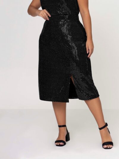 Saia Plus Size Midi Brilhosa Paetê Preta